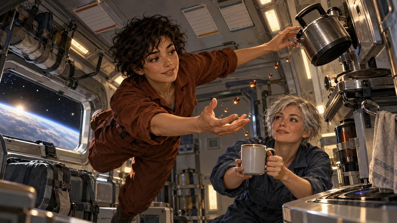 Two people reach for a floating mug inside a spacecraft.
