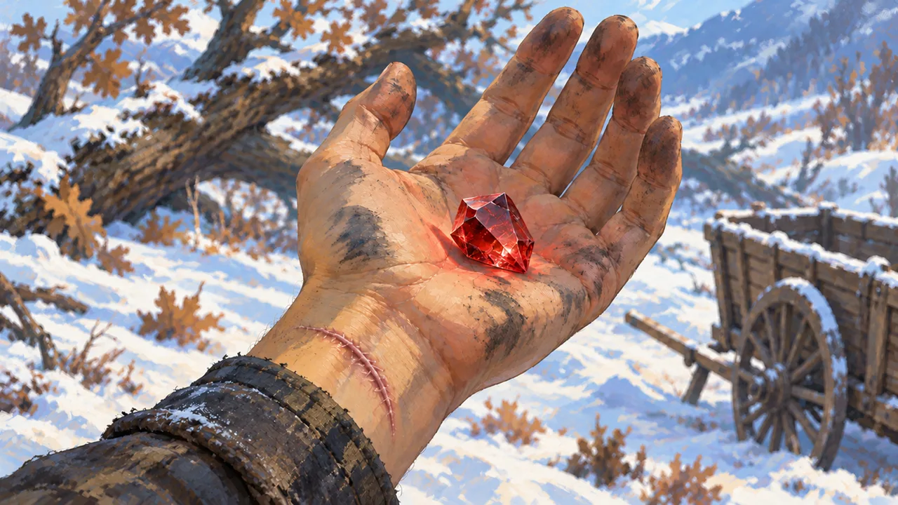 A red crystal rests in a worn hand beneath autumn branches and snowy mountains.
