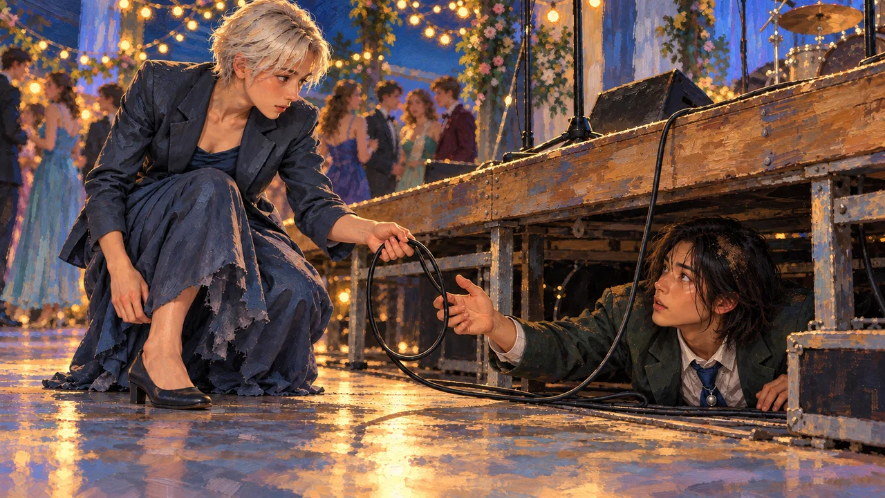 Two people reach toward each other beneath warm festival lights in the rain.